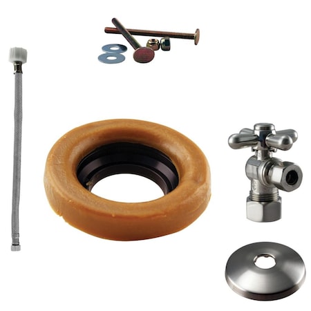 Westbrass Toilet Kit W/ 1/4-Turn nom comp Stop and Wax Ring, Cross Handle in Satin Nickel D1612TBX-07